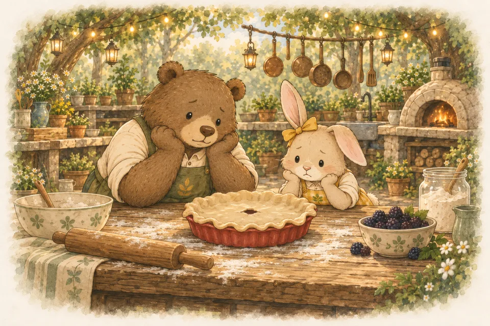 Benny the bear and Lily the bunny lean on the table and look sadly at a pie crust with a small tear
