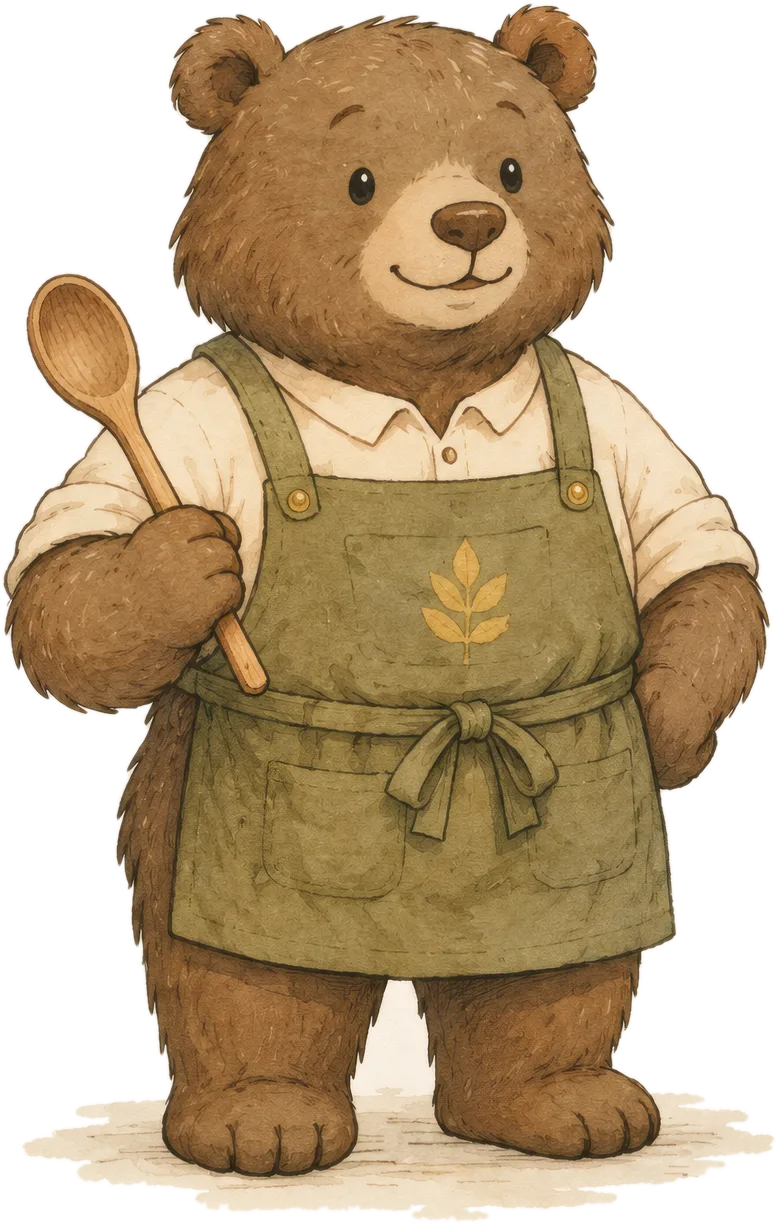 Benny the brown bear cub in a cream shirt and olive apron, holding a wooden spoon