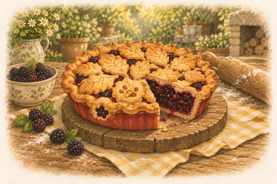 A golden berry pie decorated with pastry leaves, one slice cut out to show the dark berry filling