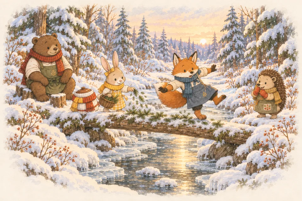 Lily the bunny sprinkles fir needles on an icy log bridge over a frozen stream while her friends watch