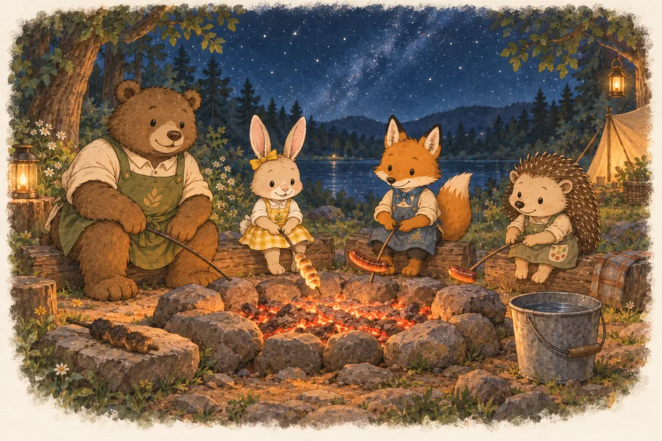 Lily the bunny holds spiral bread on a stick over glowing embers while Finley and Hazel roast sausages
