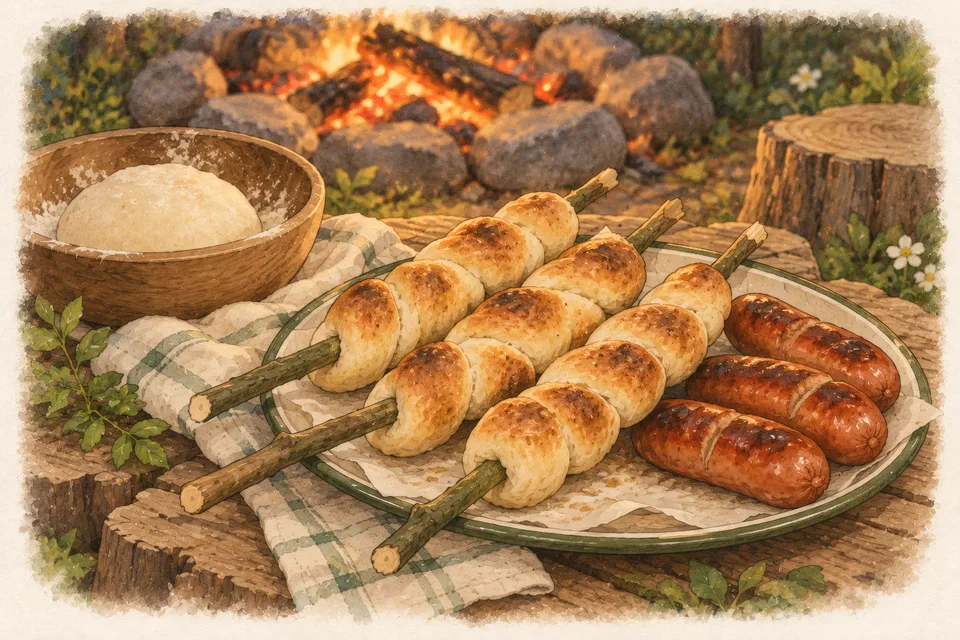 Golden spiral twist bread on green sticks and roasted sausages on a camp plate
