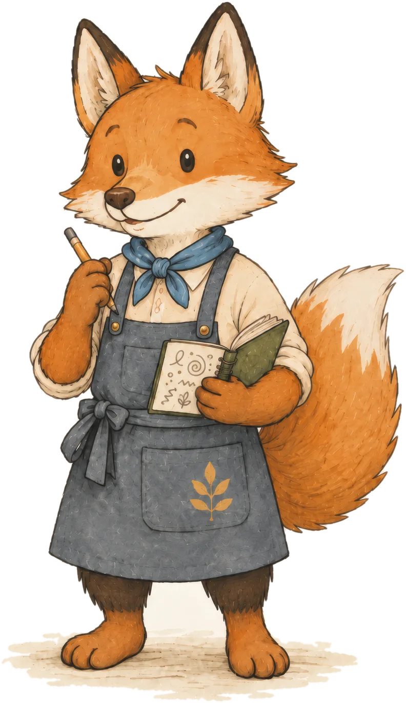 Finley the red fox in a blue neckerchief and slate-blue apron, writing in his notebook