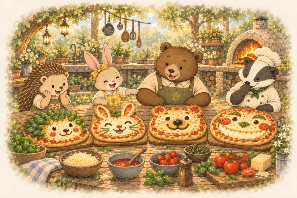 Benny, Lily, Hazel and Nico sit behind four homemade pizzas decorated like their own faces