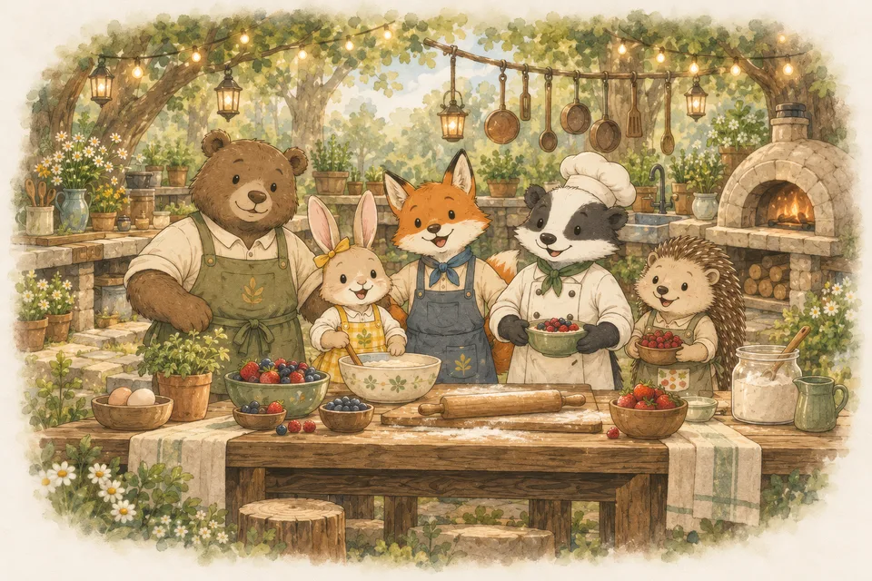 The Tiny Forest Cooking School Benny the bear, Lily the bunny, Finley the fox, Nico the badger and Hazel the hedgehog behind a long wooden table in their open-air forest kitchen