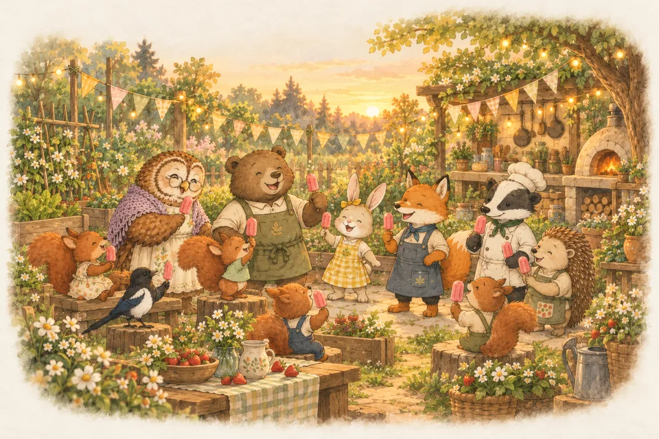 A garden party with bunting and string lights; the friends and their guests hold pink strawberry ice pops