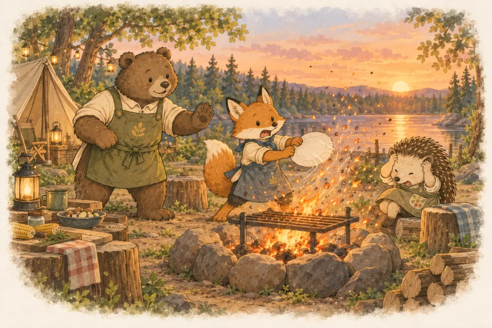 Skewer Night Finley the fox fans the coals and sparks fly up, while Benny calmly raises a paw to stop him