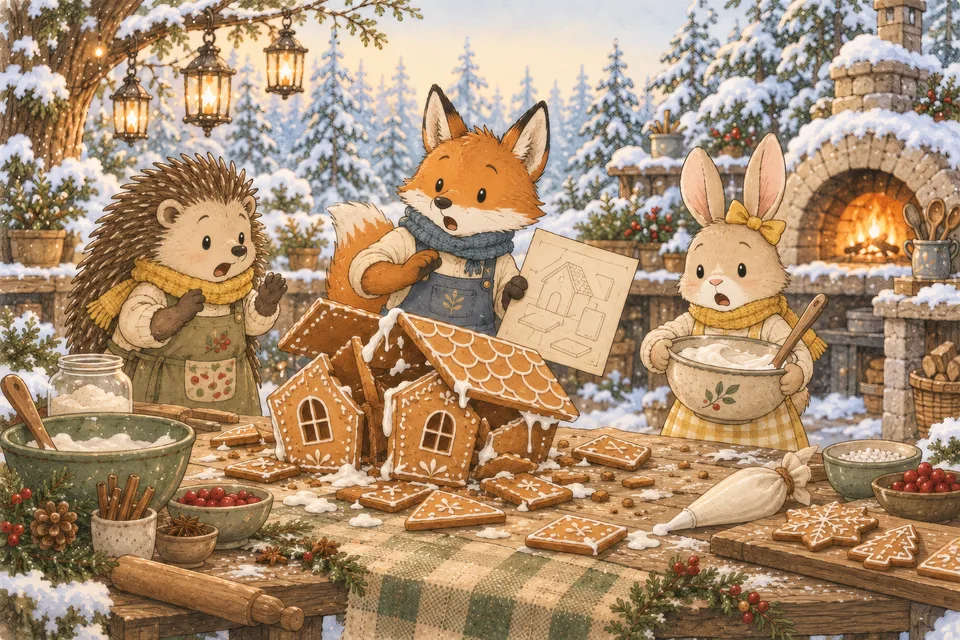 A gingerbread house collapses on the table while Hazel the hedgehog and Finley the fox stare in surprise