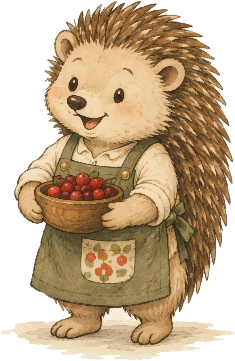 Hazel the hedgehog in an olive apron with a berry pocket, holding a bowl of red berries