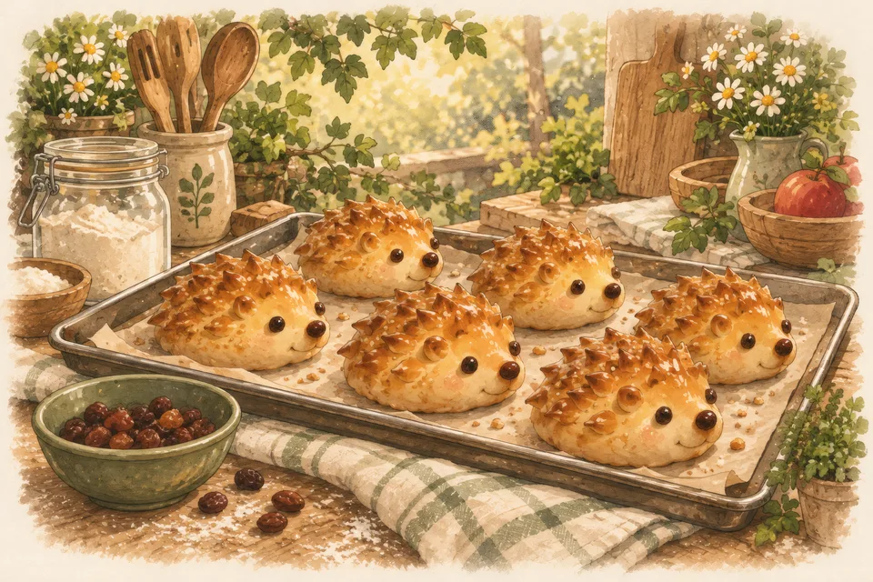 Hedgehog Buns A baking tray of golden bread rolls shaped like hedgehogs, with snipped spikes and raisin eyes