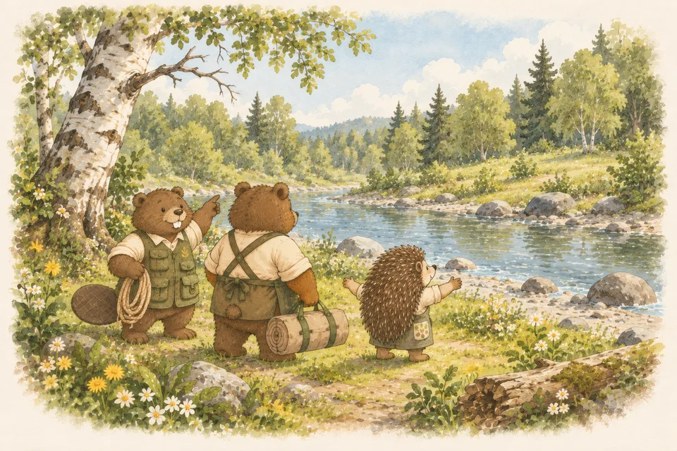 Hazel the hedgehog chooses a tent spot at the water's edge while Benny and Bruno the beaver watch