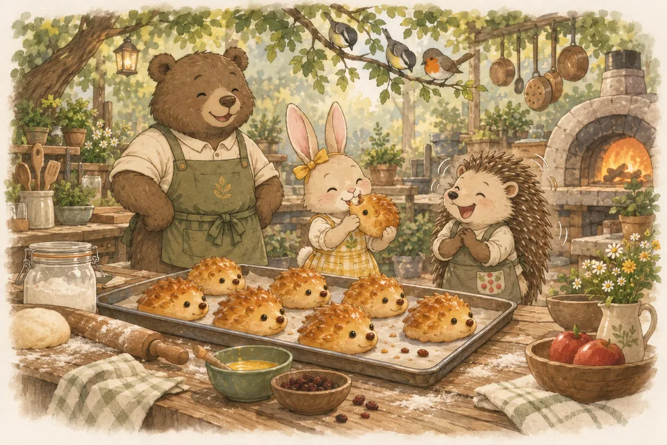 Hedgehogs After Lunch Hazel the hedgehog laughs while Lily nibbles a puffy golden hedgehog bun; a tray of buns with raisin eyes