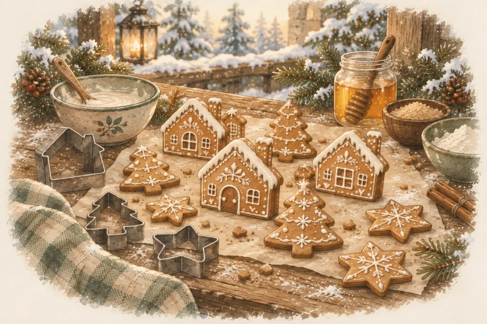 Honey Gingerbread Cookies Honey gingerbread cookies shaped like little houses, fir trees and stars with white icing