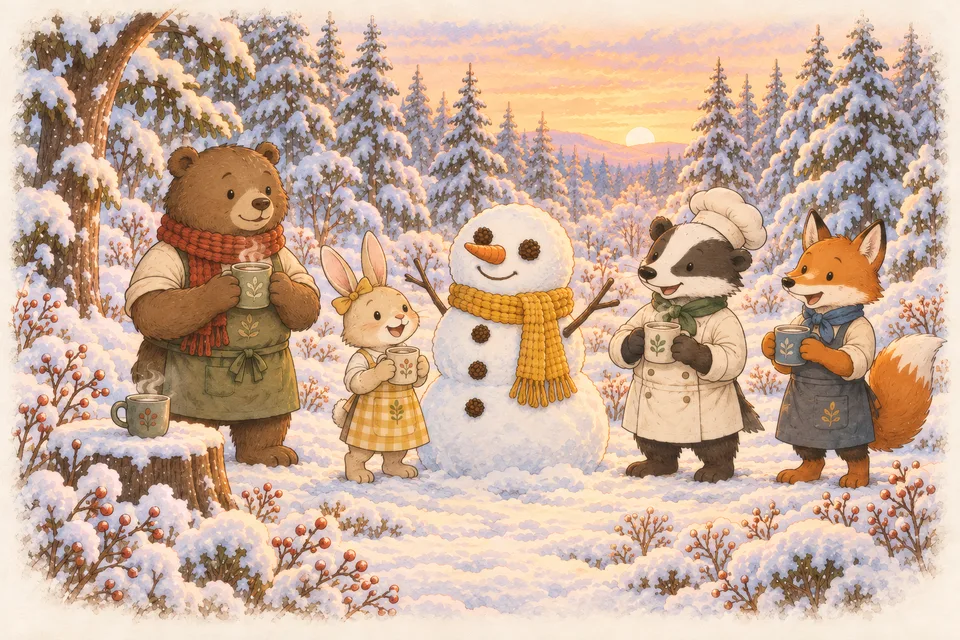 Cocoa for the Snowman A snowman wearing Lily's yellow scarf while the friends drink hot cocoa in the snowy clearing