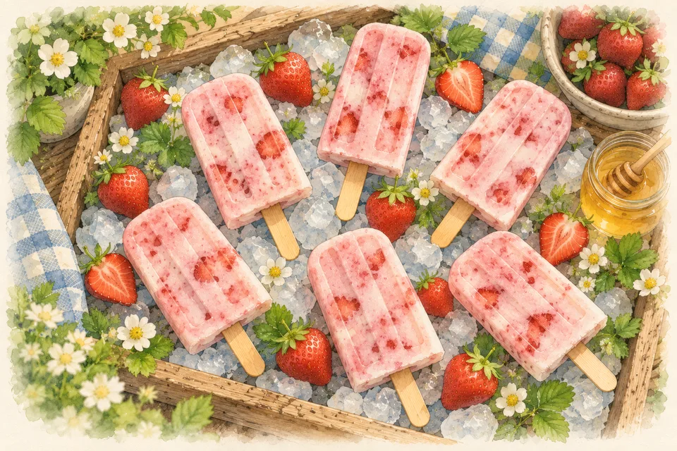 Strawberry Yogurt Ice Pops Six pink strawberry yogurt ice pops on wooden sticks on crushed ice, with fresh strawberries