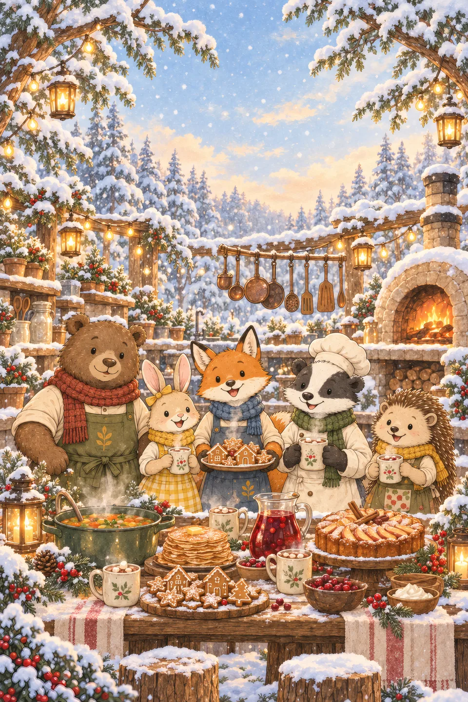 The Winter Kitchen — cover Cover art of Tiny Forest Cooking School Book 2: the forest friends in knitted scarves in a snowy kitchen with warm treats