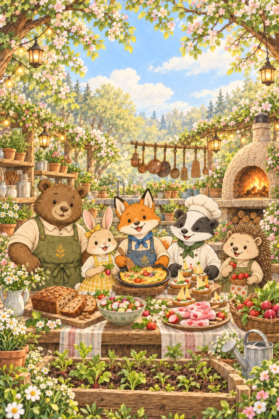 Cover art of Tiny Forest Cooking School Book 3: the forest friends behind spring dishes, with a vegetable garden bed in front