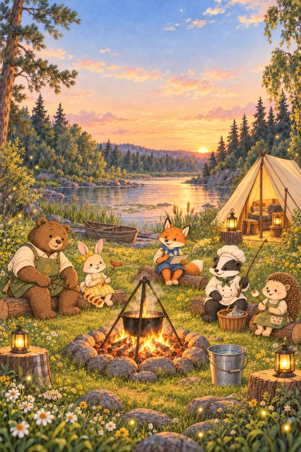 Cover art of Tiny Forest Cooking School Book 4: the forest friends around a campfire with a tent by the river at sunset
